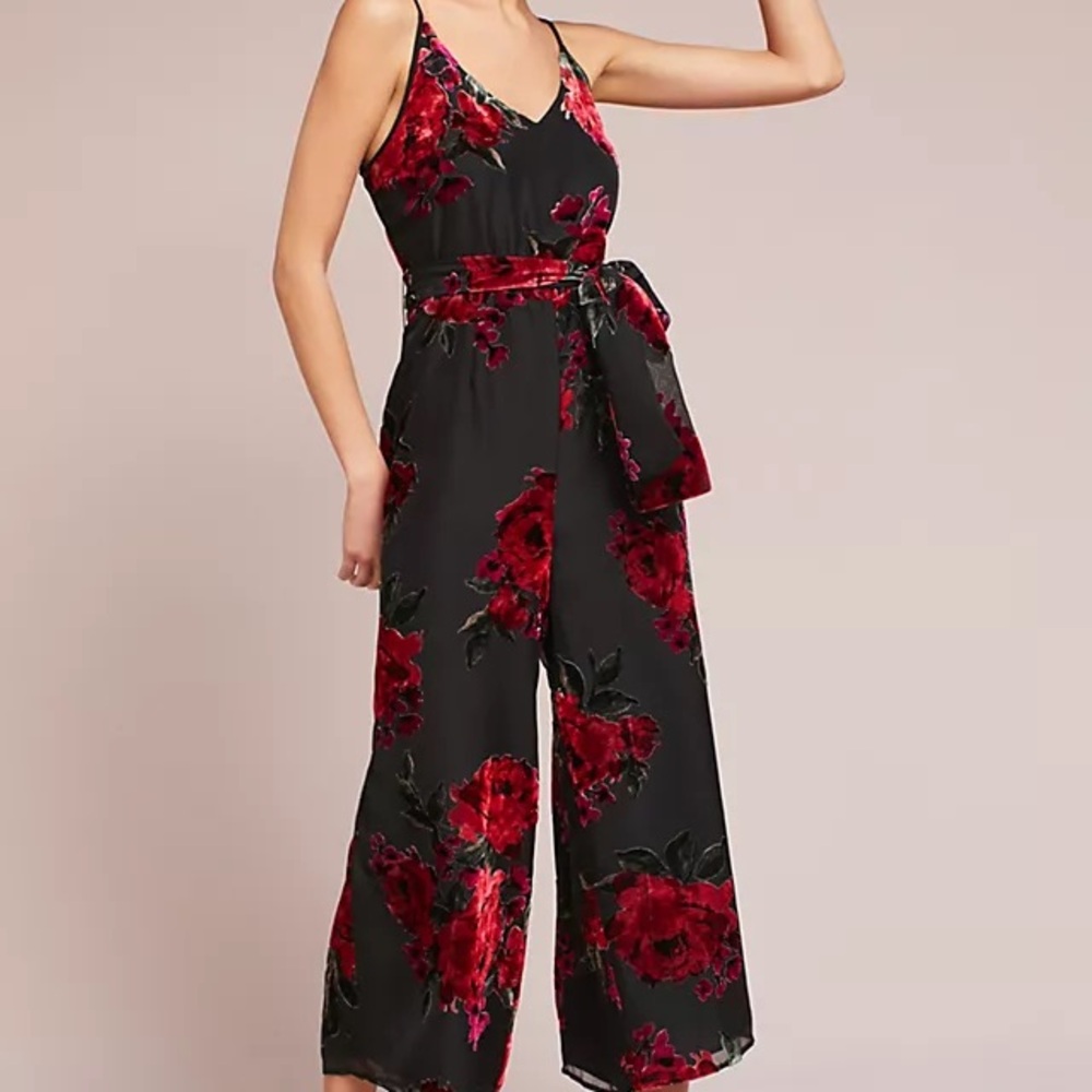 Gorgeous Anthropologie Floral Burnout Waisted Jumpsuit RED MOTIF M